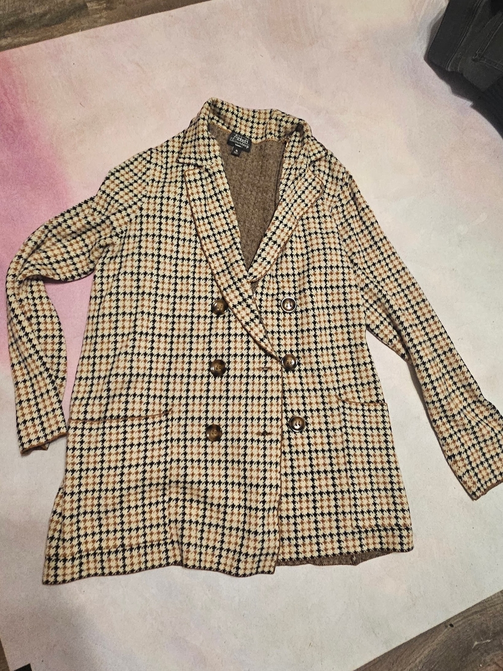 Checked Double-Breasted Cardigan Blazer - Beige Black